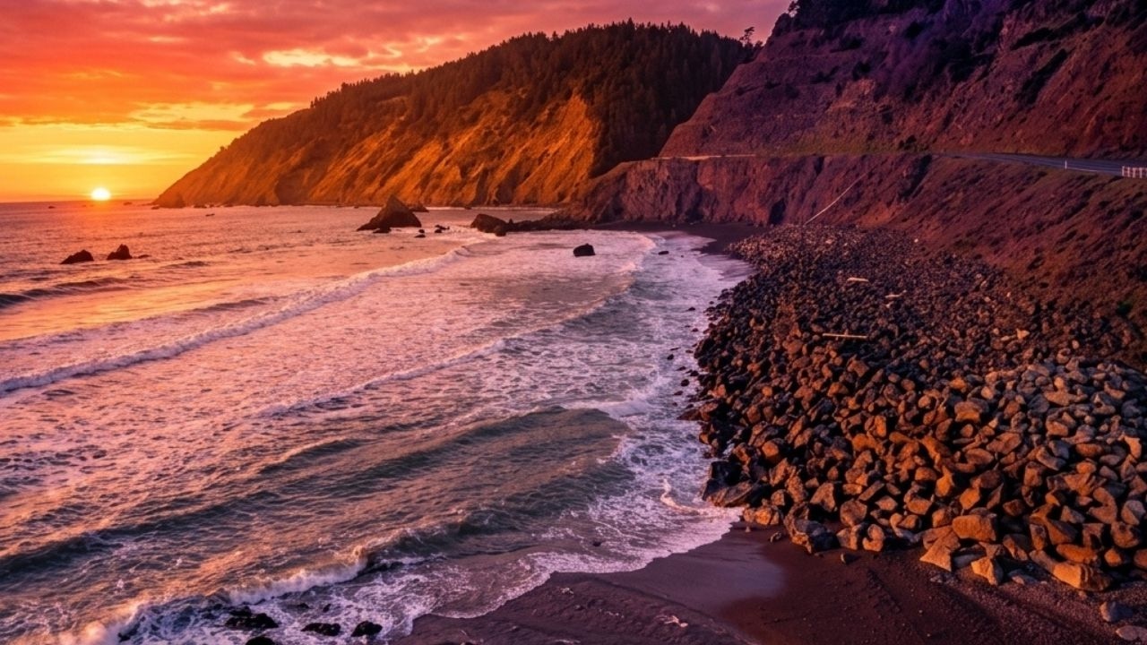 A coastal highway curving above a beach at sunset