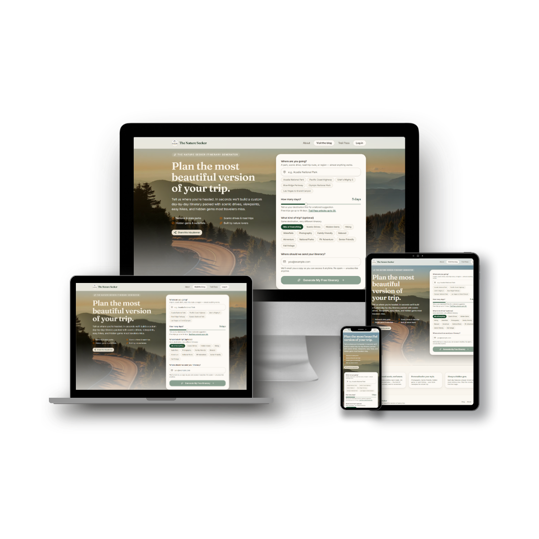 The itinerary generator on a desktop monitor, laptop, tablet and phone