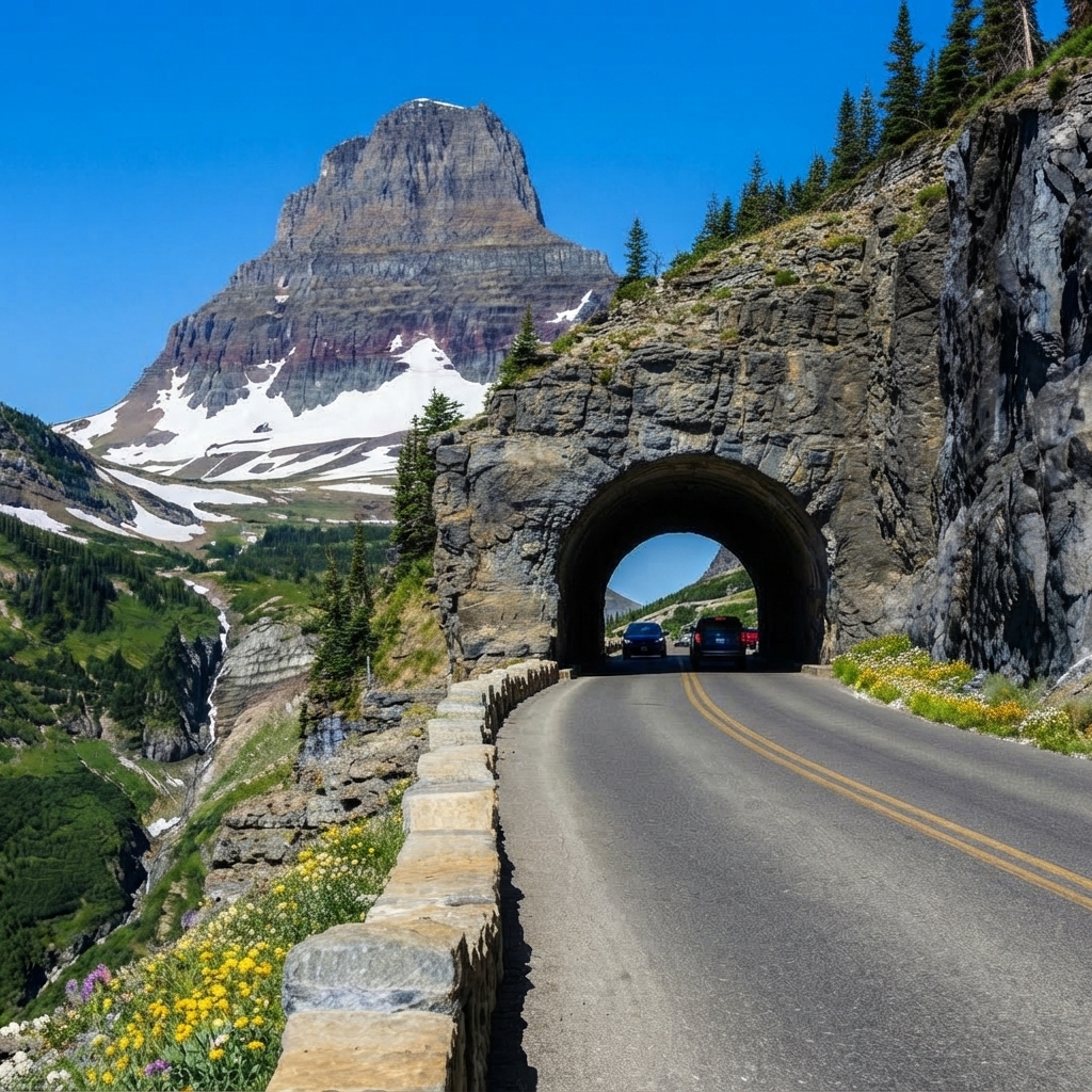 Cars driving a mountain road toward a rock tunnel below a snow-streaked peak