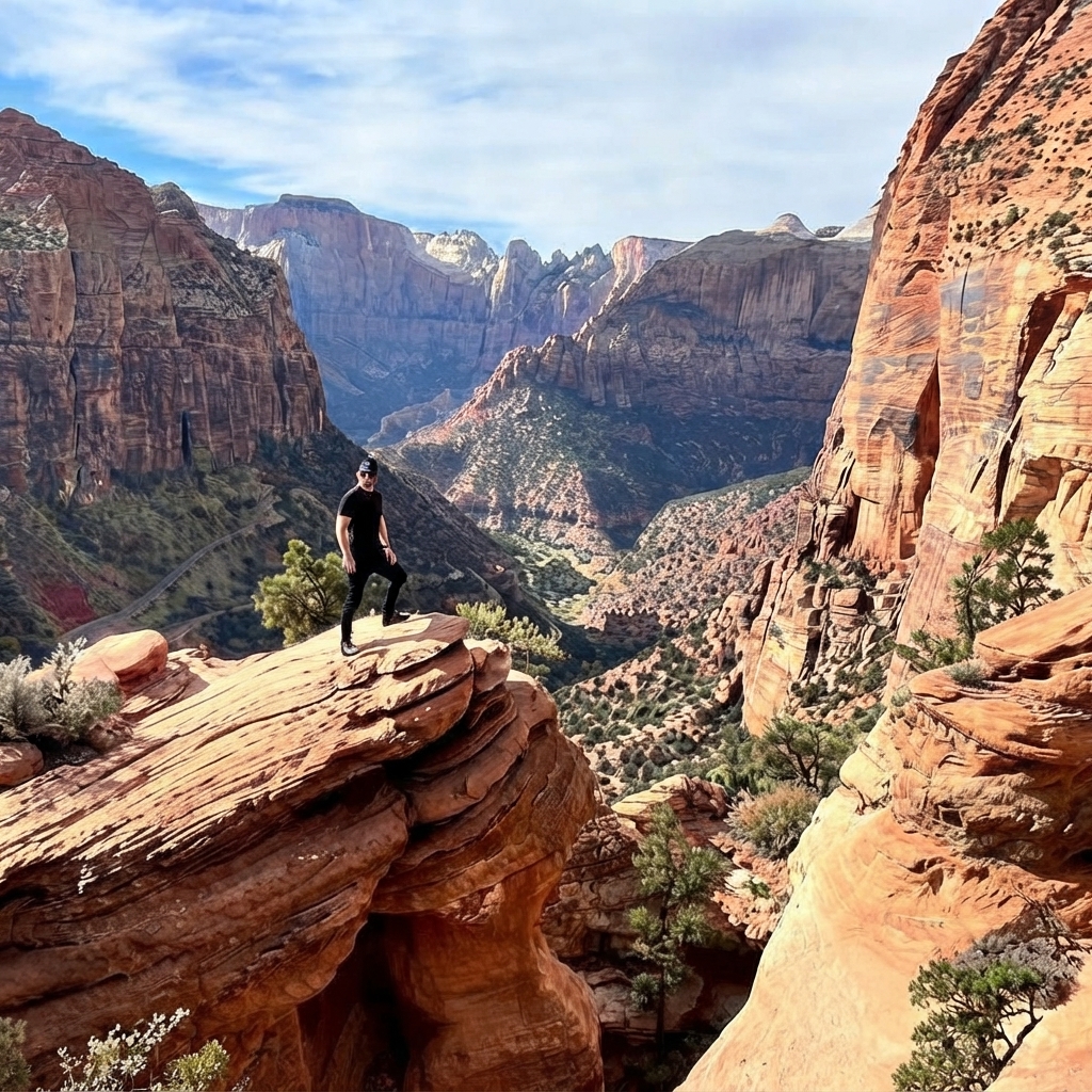 A hiker standing on a rocky ledge overlooking the red cliffs of Zion Canyon
