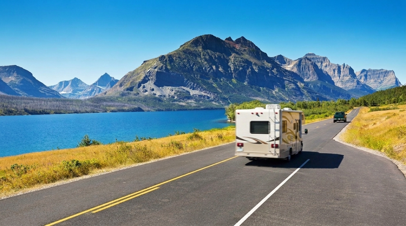 An RV driving a lakeside highway with mountain peaks ahead