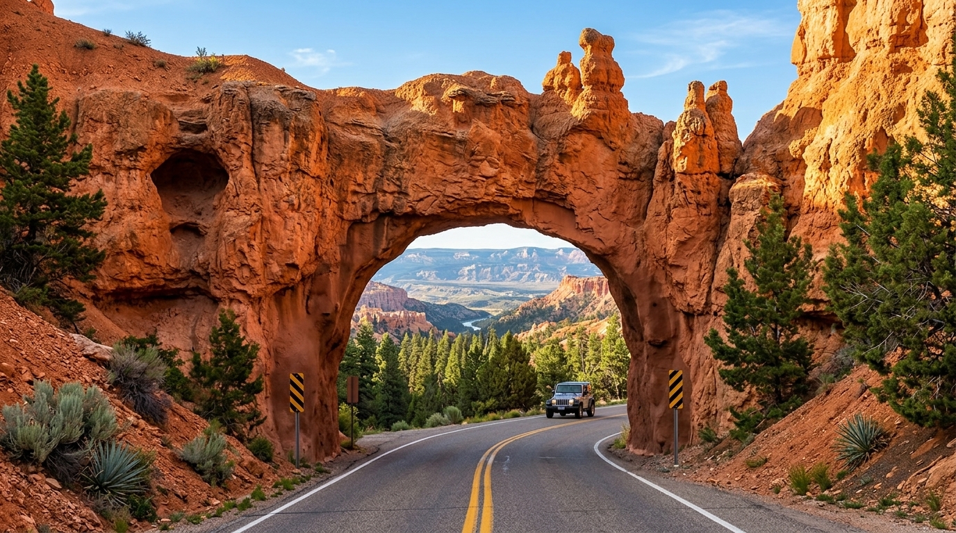 A jeep driving beneath a red rock arch on a canyon highway