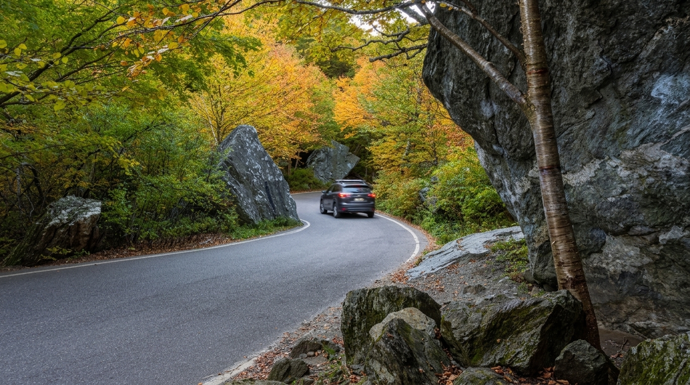 An SUV rounding a curve on a narrow forest road framed by autumn foliage