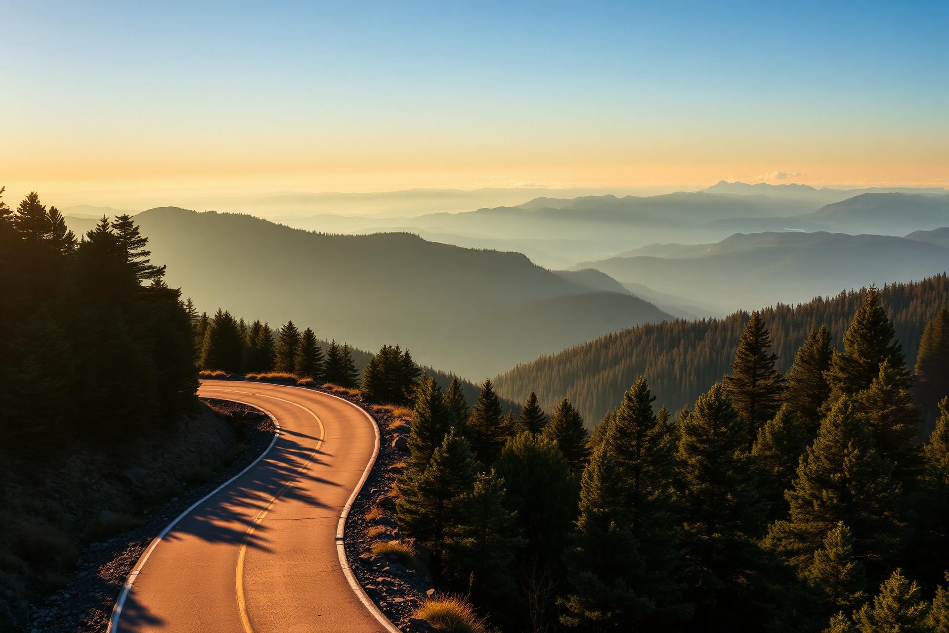 A winding road through layered ridges at golden hour
